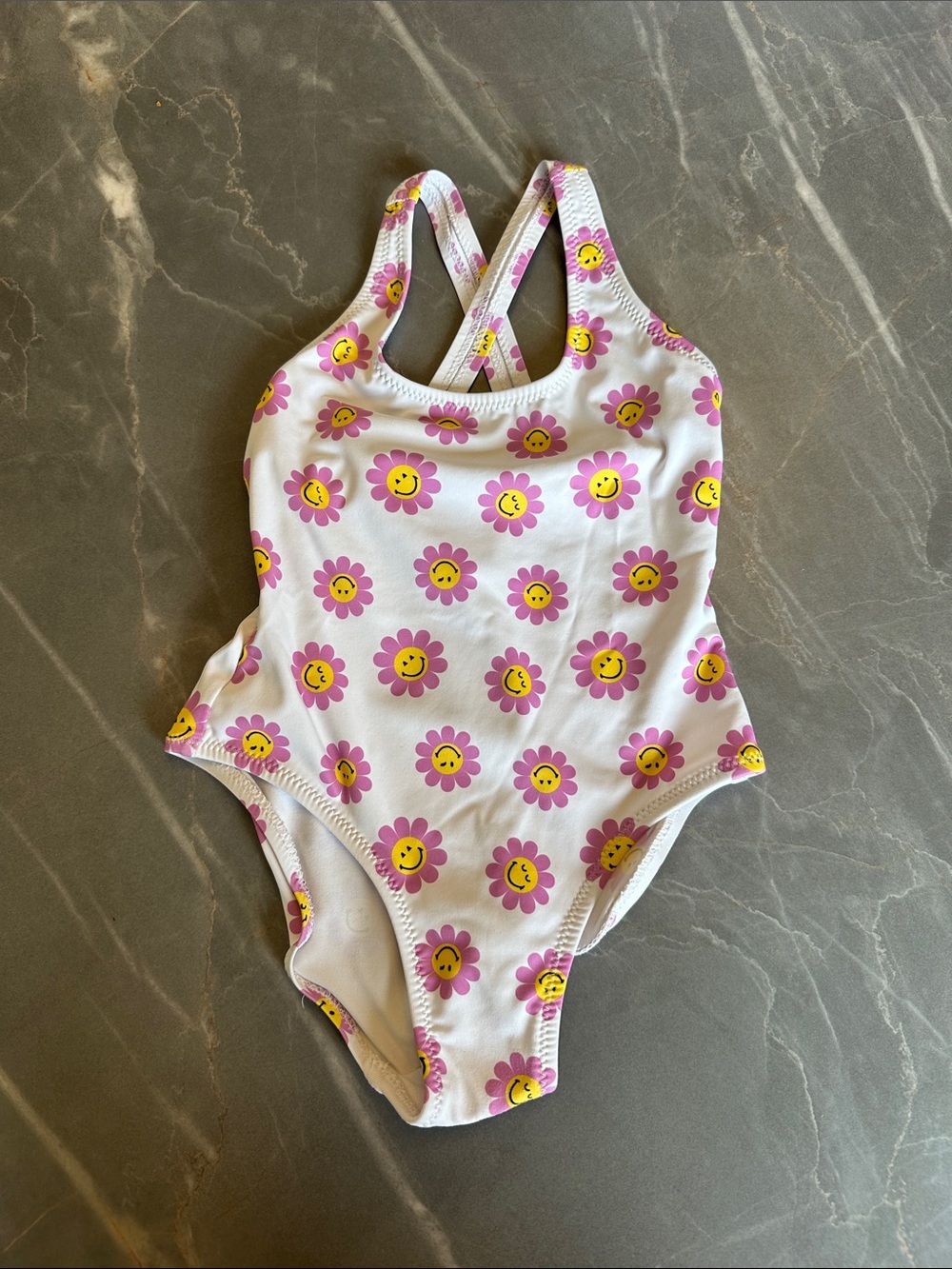 Zara White One-Piece Swimsuit with Pink & Yellow Smiley Flowers